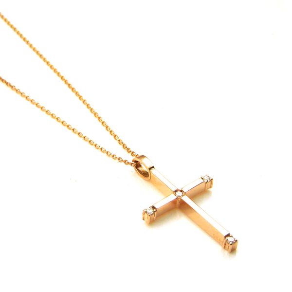 Γυναικείος σταυρός από ροζ χρυσό Κ14 με διαμάντια