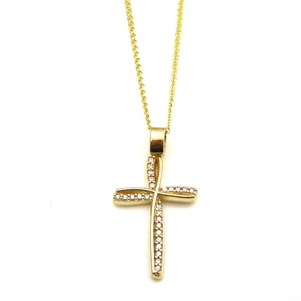 Γυναικείος σταυρός από κίτρινο χρυσό Κ14 με ζιργκόν