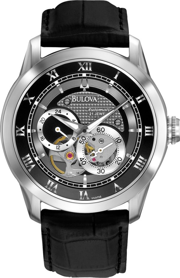 1421_geormas Ανδρικό ρολόι BULOVA Self-Winding Mechanical 96A135 με μαύρο δερμάτινο λουρί
