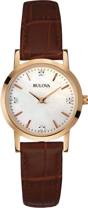 Γυναικείο ρολόι BULOVA Diamond Collection 97S105 με καφέ δερμάτινο λουρί