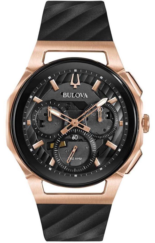 Αντρικό ρολόι BULOVA Curv Chronograph με μαύρο λουρί από καουτσούκ