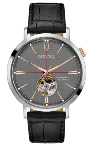 Ανδρικό ρολόι BULOVA Pilot Self-Winding Mechanical 98A187 με μαύρο δερμάτινο λουράκι
