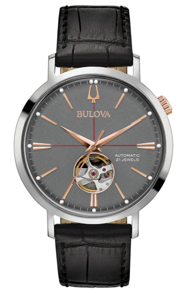 1525_geormas Ανδρικό ρολόι BULOVA Pilot Self-Winding Mechanical 98A187 με μαύρο δερμάτινο λουράκι