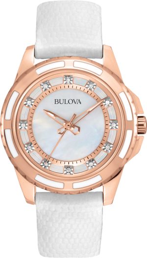 Γυναικείο ρολόι BULOVA Diamond 98S119 με λευκό δερμάτινο λουρί