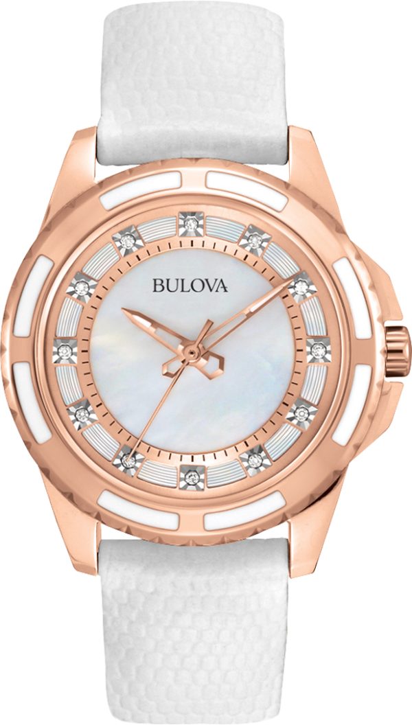 Γυναικείο ρολόι BULOVA Diamond 98S119 με λευκό δερμάτινο λουρί