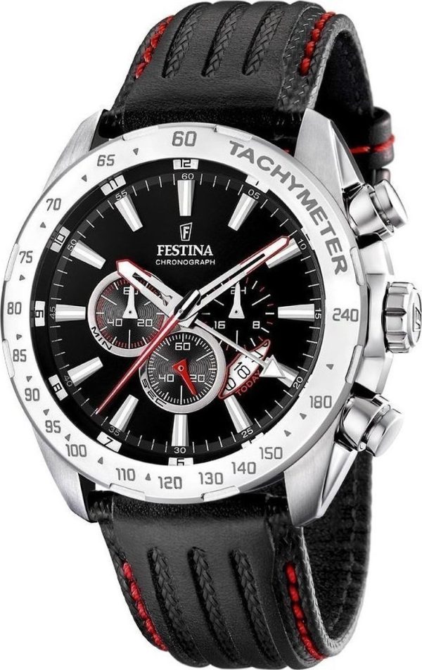 1728_geormas Ανδρικό ρολόι FESTINA Chronograph με μαύρο δερμάτινο λουρί