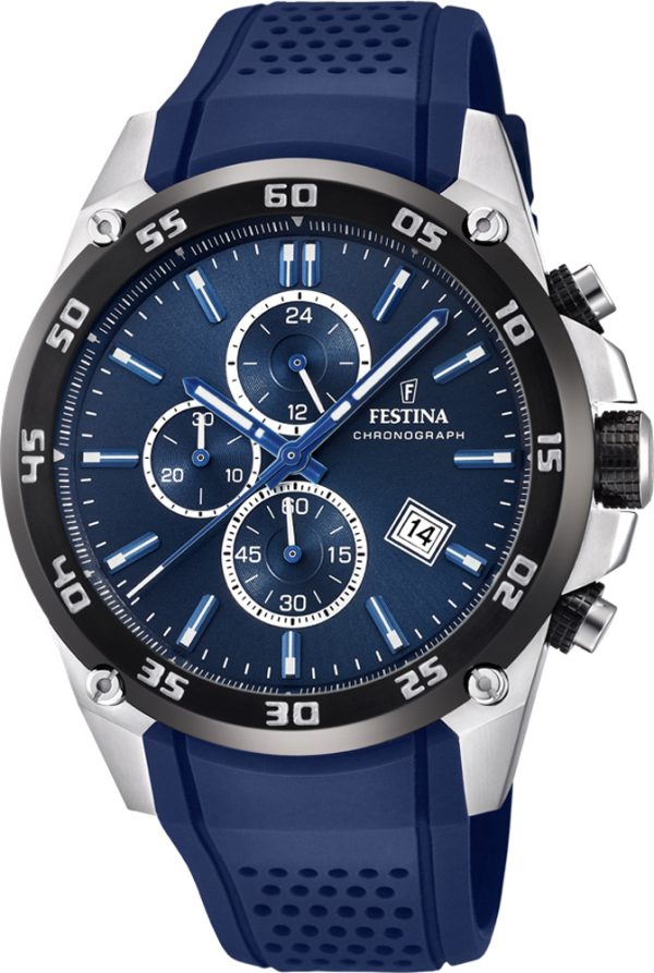 1739_geormas Ανδρικό ρολόι FESTINA Chronograph με μπλε λουρί σιλικόνης