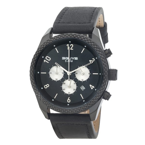 Ανδρικό ρολόι 3GUYS Chronograph με μαύρο δερμάτινο λουρί