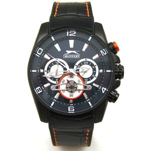 2046_geormas Ανδρικό ρολόι SLAZENGER Chronograph με μαύρο δερμάτινο λουρί