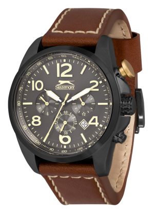 2052_geormas Ανδρικό ρολόι SLAZENGER Chronograph με καφέ δερμάτινο λουρί