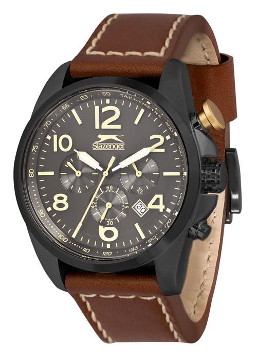 2052_geormas Ανδρικό ρολόι SLAZENGER Chronograph με καφέ δερμάτινο λουρί
