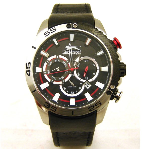 2054_geormas Ανδρικό ρολόι SLAZENGER Chronograph με μαύρο δερμάτινο λουρί