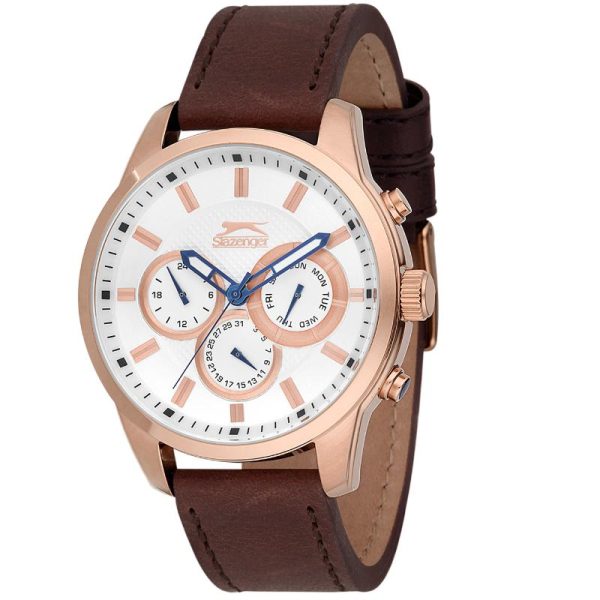 2073_geormas Ανδρικό ρολόι SLAZENGER Chronograph με καφέ δερμάτινο λουρί
