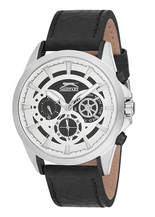 2074_geormas Ανδρικό ρολόι SLAZENGER DarkPanther Chronograph με μαύρο δερμάτινο λουρί
