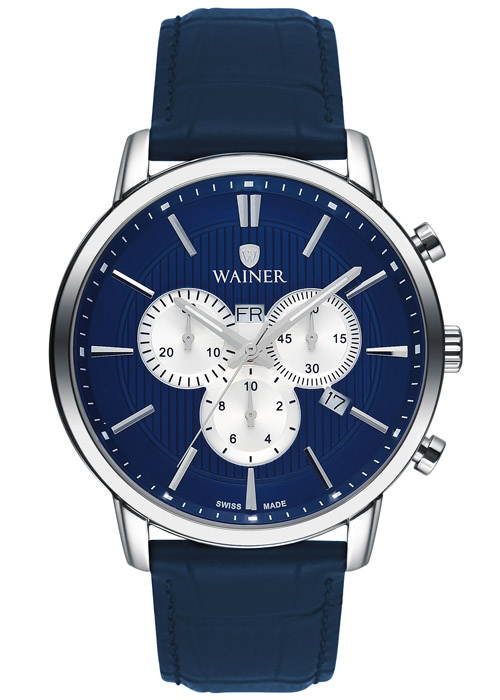 2210_geormas Ανδρικό ρολόι WAINER Wall street WA.19672-A Chronograph με μπλε δερμάτινο λουρί