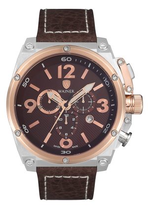 367_geormas Αντρικό ρολόι WAINER Zion Chronograph 10770-A με καφέ λουρί δερμάτινο