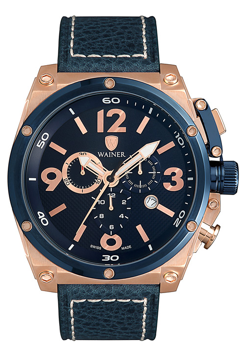 Αντρικό ρολόι WAINER Zion Chronograph με μπλε λουρί δερμάτινο