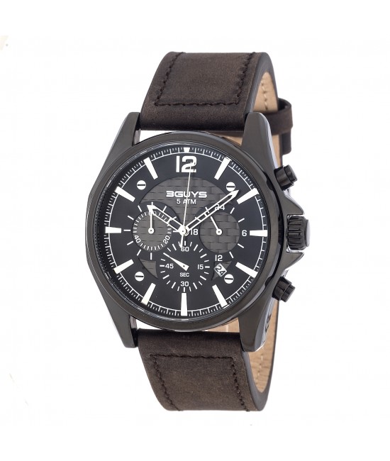Ανδρικό ρολόι 3GUYS Chronograph με δερμάτινο καφέ λουρί