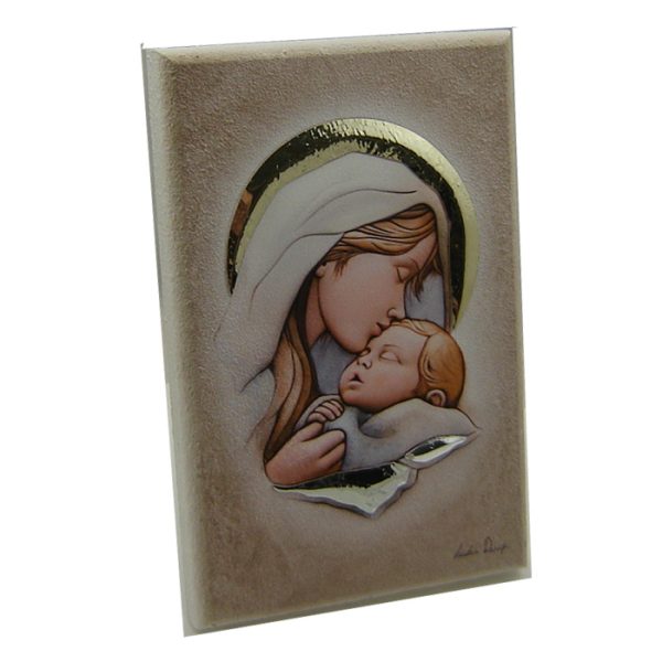512 Εικόνα fresco 13x20 "ΠΑΝΑΓΙΑ ΜΕ ΧΡΙΣΤΟ" σε ξύλο με ζωγραφική και ασήμι