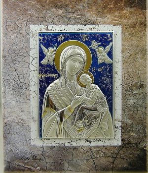 Εικόνα fresco 20x25 "ΠΑΝΑΓΙΑ ΜΕ ΧΡΙΣΤΟ" σε ξύλο με ασήμι και χρυσό