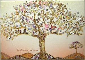 Πίνακας fresco 36x25 "Δέντρο της ζωής" σε ξύλο με ασήμι