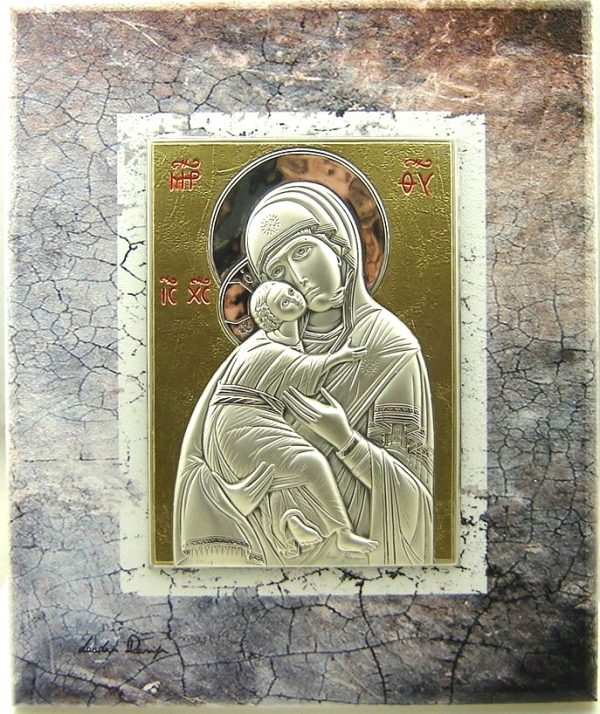 Εικόνα fresco 25x30 "ΠΑΝΑΓΙΑ ΜΕ ΧΡΙΣΤΟ" σε ξύλο με ασήμι και χρυσό
