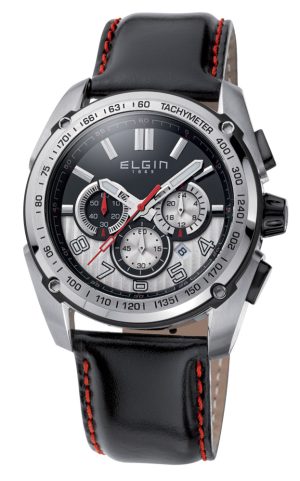Αντρικό ρολόι ELGIN 12105.2 Chronograph με μαύρο δερμάτινο λουρί