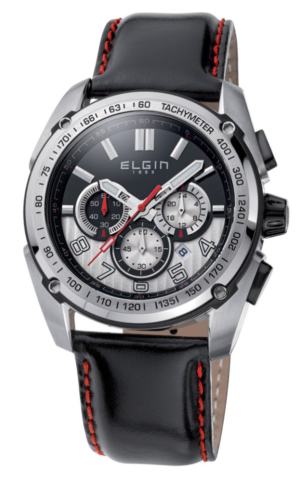 610_geormas Αντρικό ρολόι ELGIN 12105.2 Chronograph με μαύρο δερμάτινο λουρί