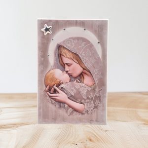 Εικόνα fresco 10x15 "ΠΑΝΑΓΙΑ ΜΕ ΧΡΙΣΤΟ" σε ξύλο με ζωγραφική και ασήμι