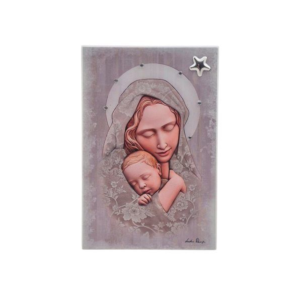 Εικόνα fresco 10x15 "ΠΑΝΑΓΙΑ ΜΕ ΧΡΙΣΤΟ" σε ξύλο με ζωγραφική και ασήμι