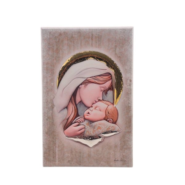 Εικόνα fresco 13x20 "ΠΑΝΑΓΙΑ ΜΕ ΧΡΙΣΤΟ" σε ξύλο με ζωγραφική και ασήμι