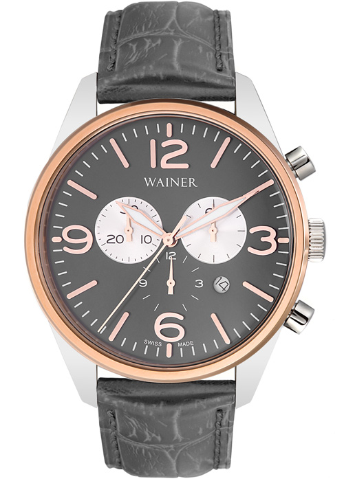 715_geormas Αντρικό ρολόι WAINER Wall Street Chronograph με γκρι δερμάτινο λουρί