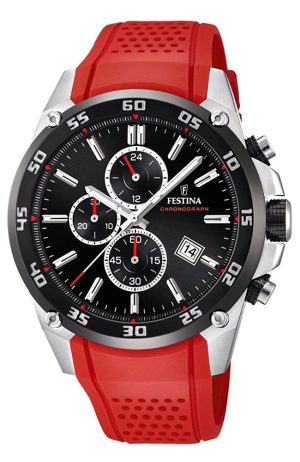 732_geormas Ανδρικό ρολόι FESTINA Chronograph με κόκκινο λουρί σιλικόνης