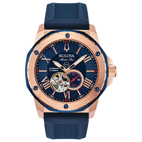 98A227 Αντρικό ρολόι BULOVA Automatic Marine Star με μπλε λουρί καουτσούκ