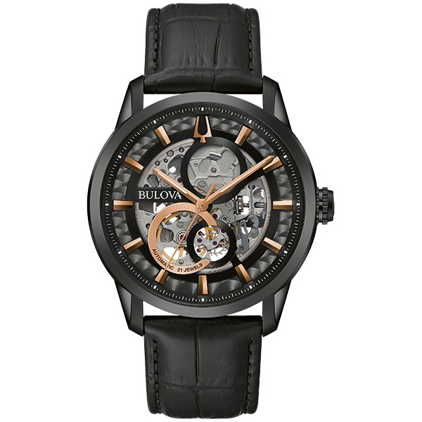98A283 Ανδρικό ρολόι BULOVA Sutton Automatic με μαύρο δερμάτινο λουράκι