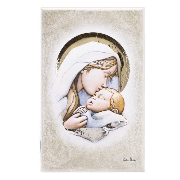 LE-08.33104 Εικόνα fresco 13x20 "ΠΑΝΑΓΙΑ ΜΕ ΧΡΙΣΤΟ" σε ξύλο με ζωγραφική και ασήμι