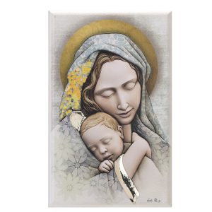 Εικόνα fresco 13X20 "ΠΑΝΑΓΙΑ ΜΕ ΧΡΙΣΤΟ" σε ξύλο με ζωγραφική και ασήμι