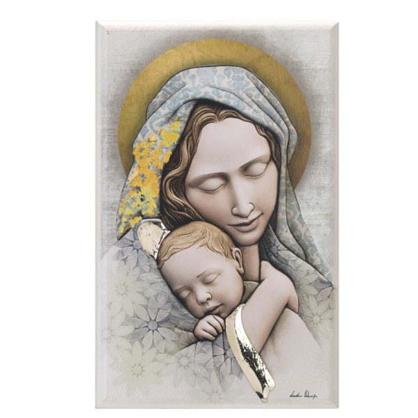 LE-08.33317 Εικόνα fresco 13X20 "ΠΑΝΑΓΙΑ ΜΕ ΧΡΙΣΤΟ" σε ξύλο με ζωγραφική και ασήμι