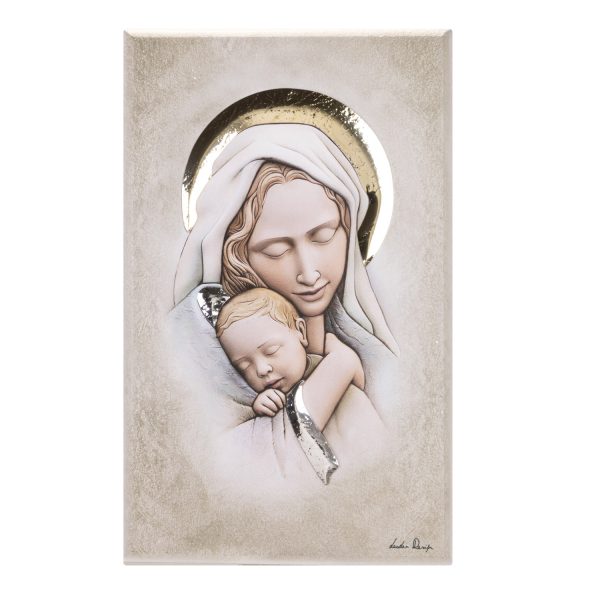 Εικόνα fresco 18x28 'ΠΑΝΑΓΙΑ ΜΕ ΧΡΙΣΤΟ" σε ξύλο με ζωγραφική και ασήμι