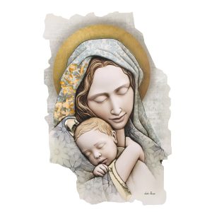 Εικόνα fresco 28x43 "ΠΑΝΑΓΙΑ ΜΕ ΧΡΙΣΤΟ" σε ξύλο με ζωγραφική και ασήμι