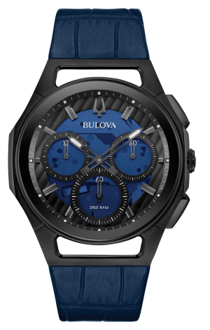 Αντρικό ρολόι BULOVA Curv Chronograph με μπλε δερμάτινο λουρί
