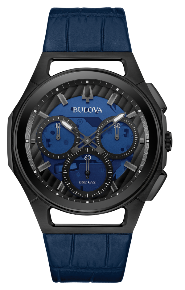 Αντρικό ρολόι BULOVA Curv Chronograph με μπλε δερμάτινο λουρί