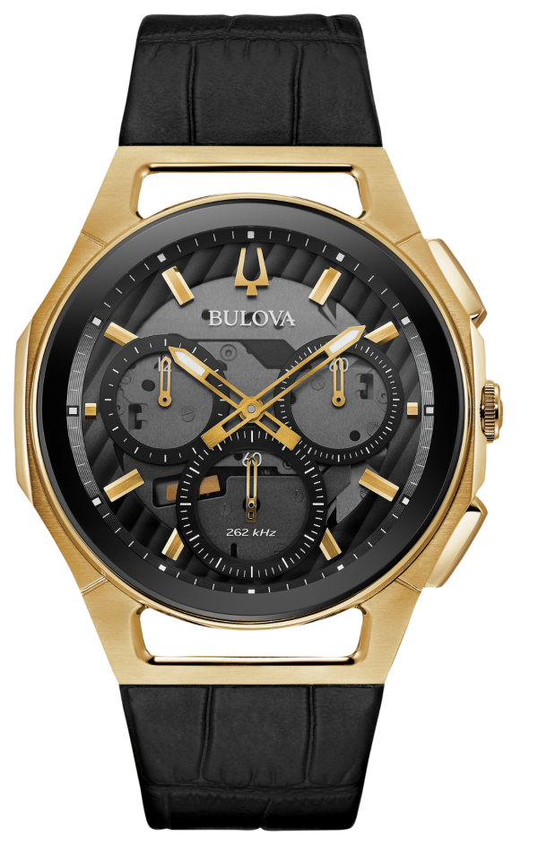 Αντρικό ρολόι BULOVA Curv Chronograph με μαύρο δερμάτινο λουρί