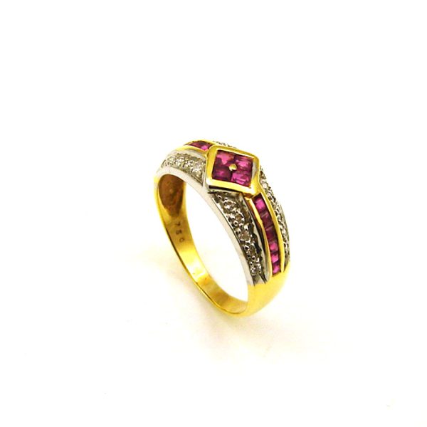 ring150 Γυναικείο δαχτυλίδι από κίτρινο & λευκό χρυσό Κ18 με διαμάντια & ρουμπίνια