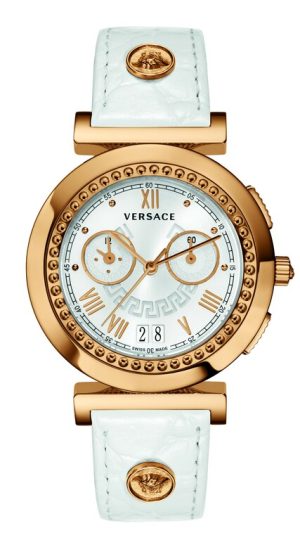 versace2 Γυναικείο ρολόι VERSACE Vanity Chronograph με λευκό δερμάτινο λουρί