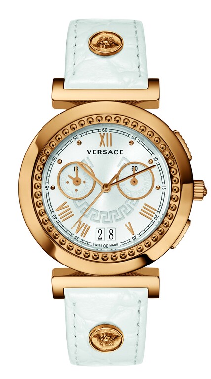 versace2 Γυναικείο ρολόι VERSACE Vanity Chronograph με λευκό δερμάτινο λουρί